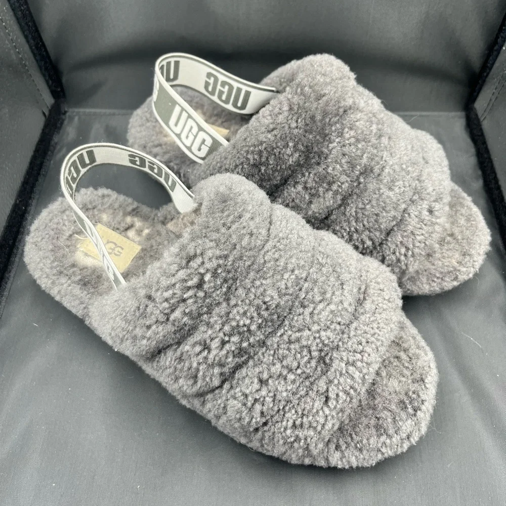 UGG Charcoal Fluffy Slides - Picture 2 of 11